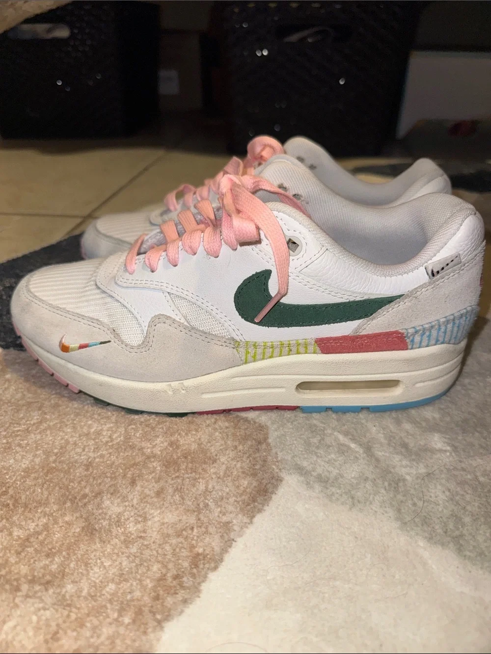 Nike Patchwork White Sneakers with Green Swoosh and Pink Laces